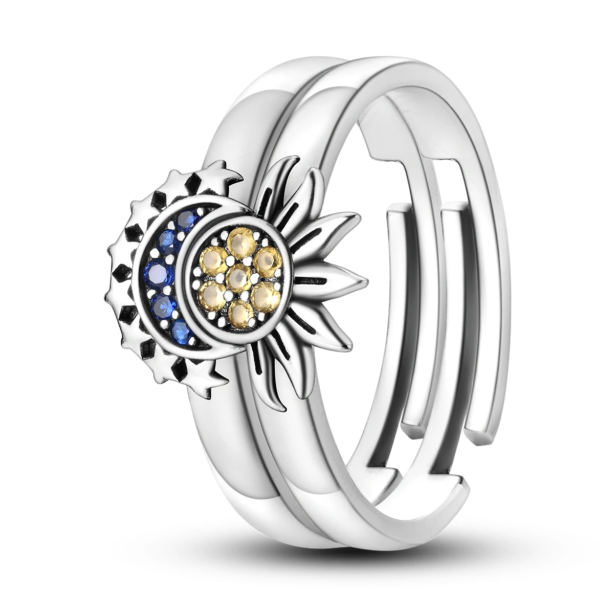 925 Sterling Silver Sun Moon Star Open Ring for Women CZ Inlaid Vintage Fidget Adjustable Celestial Fine Jewelry Gift