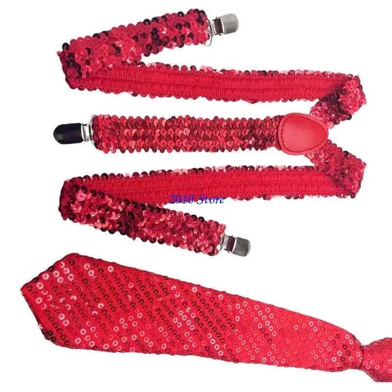 

F3MF Fashionable Suspenders Neck Tie Set Sequins Brace with Adjustable Straps and Metal Clip for Formal Occasion Stage Shows