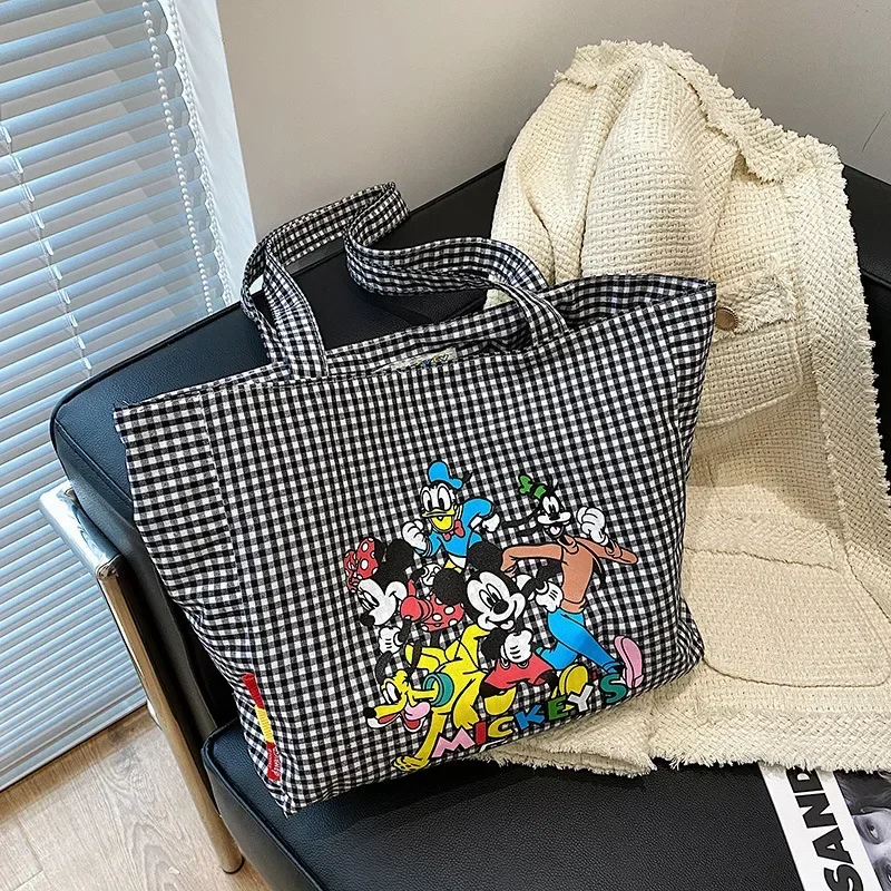 Disney Mickey Mouse Large Canvas Shoulder Bag Women's New Large Capacity Cartoon Women's Tote Bag Plaid Handbag