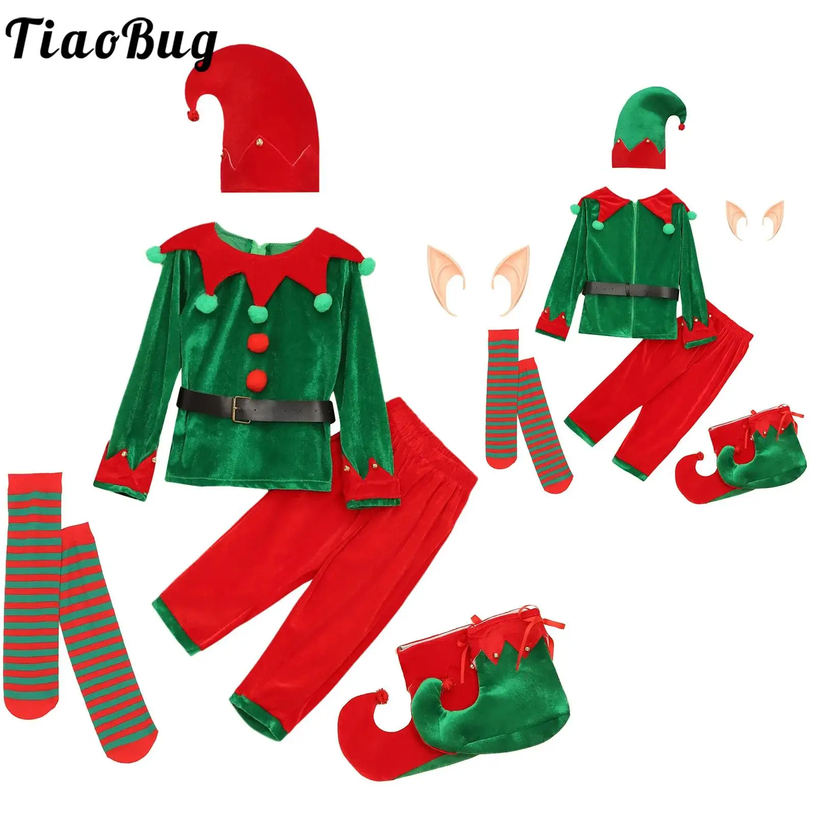 7Pcs Kids Boys Christmas Elf Stage Costume Set Shirt Top with Pants Hat Silicone Elf Ears Belt Stockings And Shoes Covers Set