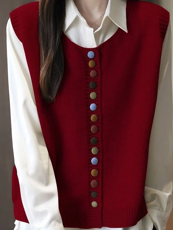 

Red Knitted Vest Women's Faionable Svel Top Small Size Autumn Winter New Sle Commute Sle round Ne Single Button