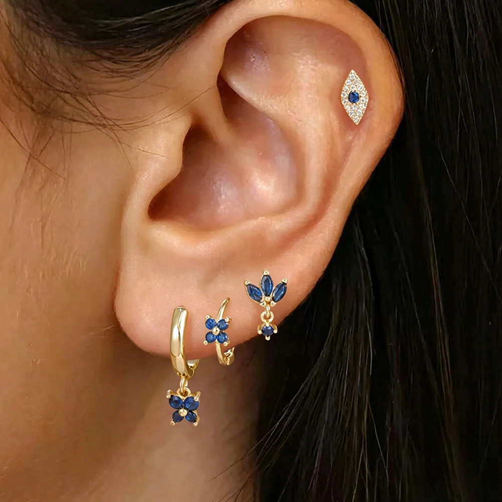 4PCS Fashion Cubic Zirconia Dark Blue Evil Eye Ear Studs Sets For Women Four-Petal Flower Hoop Earring Daily Wear Jewelry