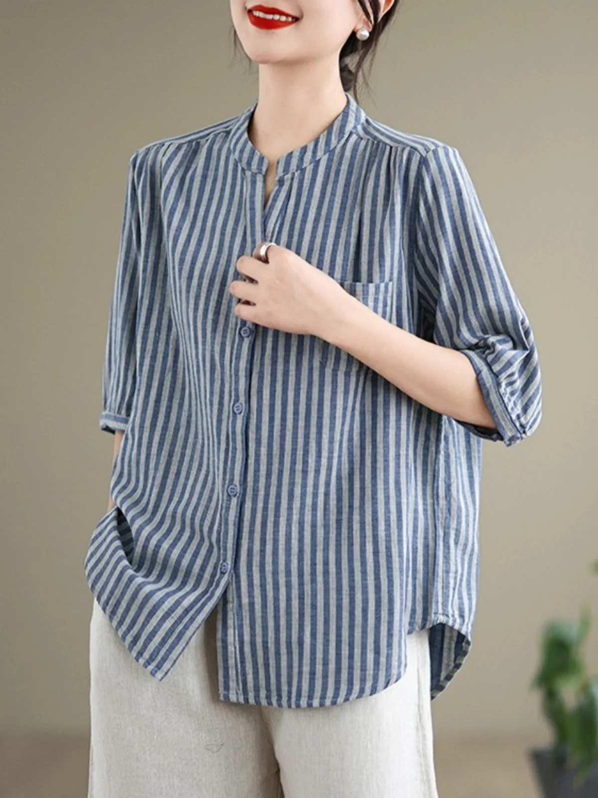 

Casual Stripe Pure Cotton irt Women's Summer Loose Fit Five-Quarter Sve Slimming Top Versatile Commute Wear round Ne