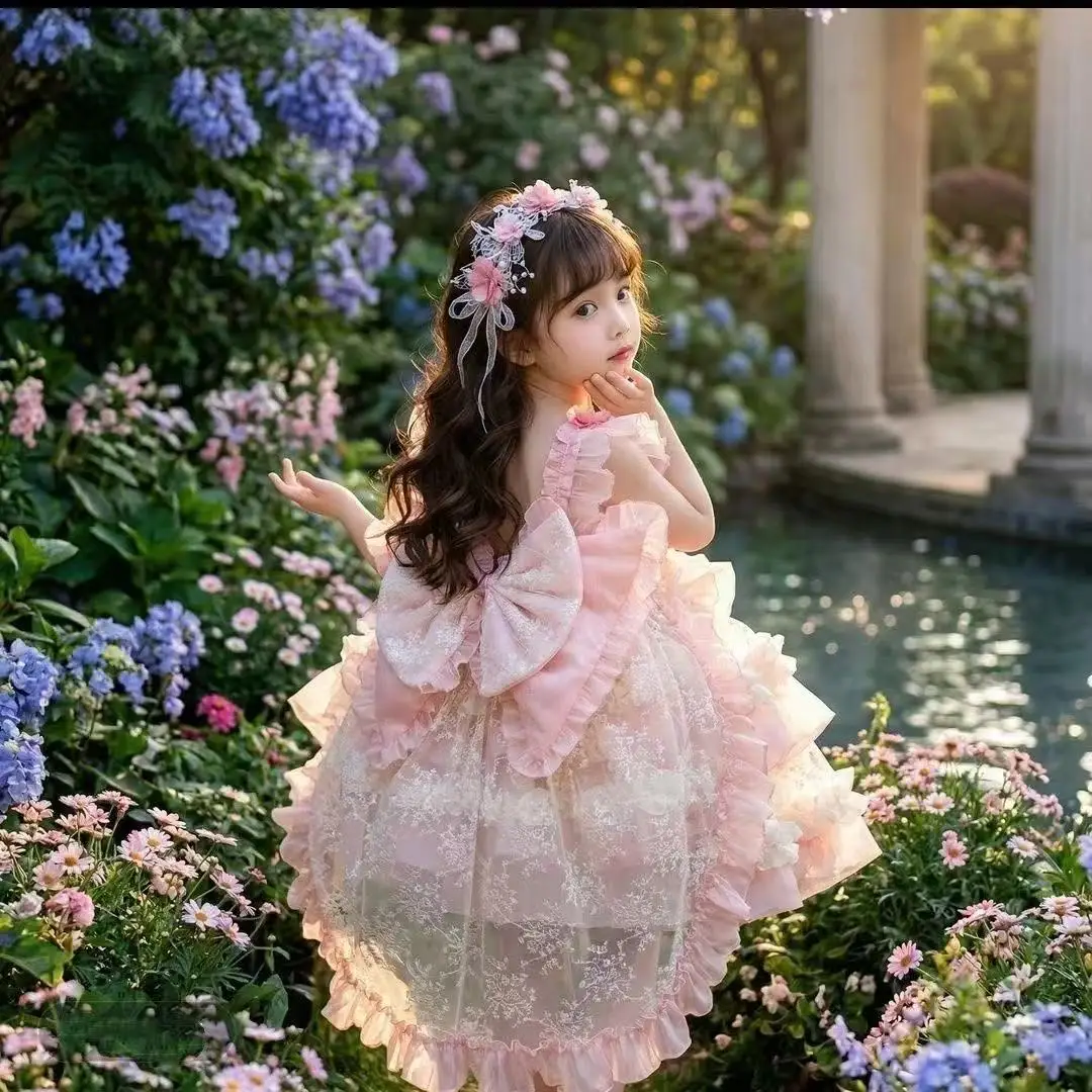 Girls Lolita Princess Dress Summer New Kids Pink Flower Fairy Tutu Gown Birthday Party Dress  Girls Clothing