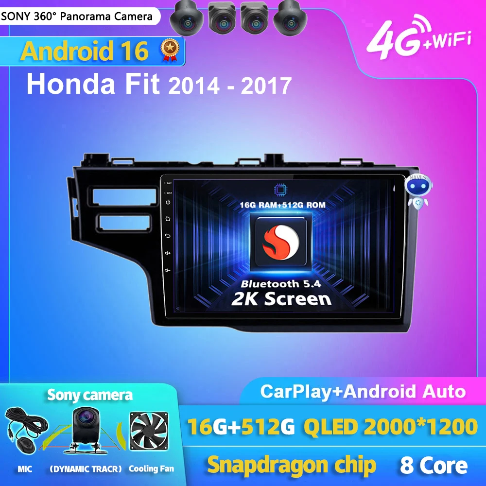Radio samochodowe z Androidem 16, CarPlay i Auto, odtwarzacz multimedialny do Honda Fit Jazz 2014 2015 2016 2017, Autoradio GPS Stereo 2din, jednostka główna