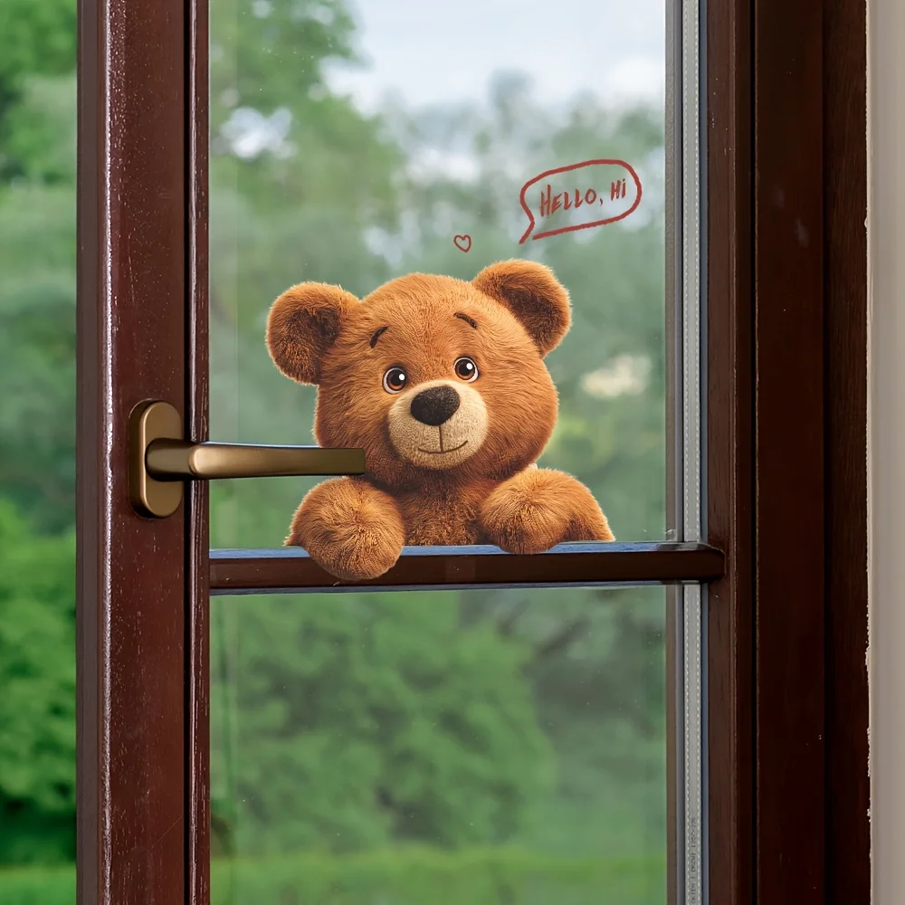 1pc Bear & Hello Themed Wall & Window Sticker with Cute Cartoon Elements,Self-Adhesive Sticker for Bedroom,Living Room，Kids'Room