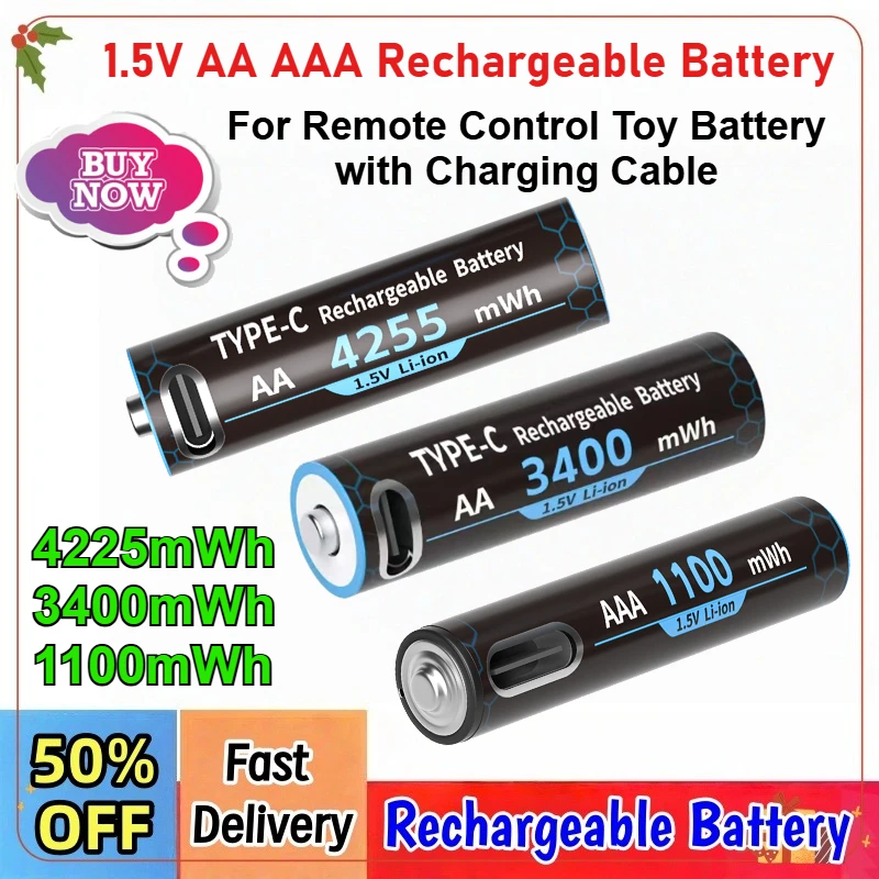 

1.5V AA AAA Rechargeable Battery 4225/3400/1100mWh Type-C USB Lithium Battery for Remote Control Toy Battery with Charging Cable