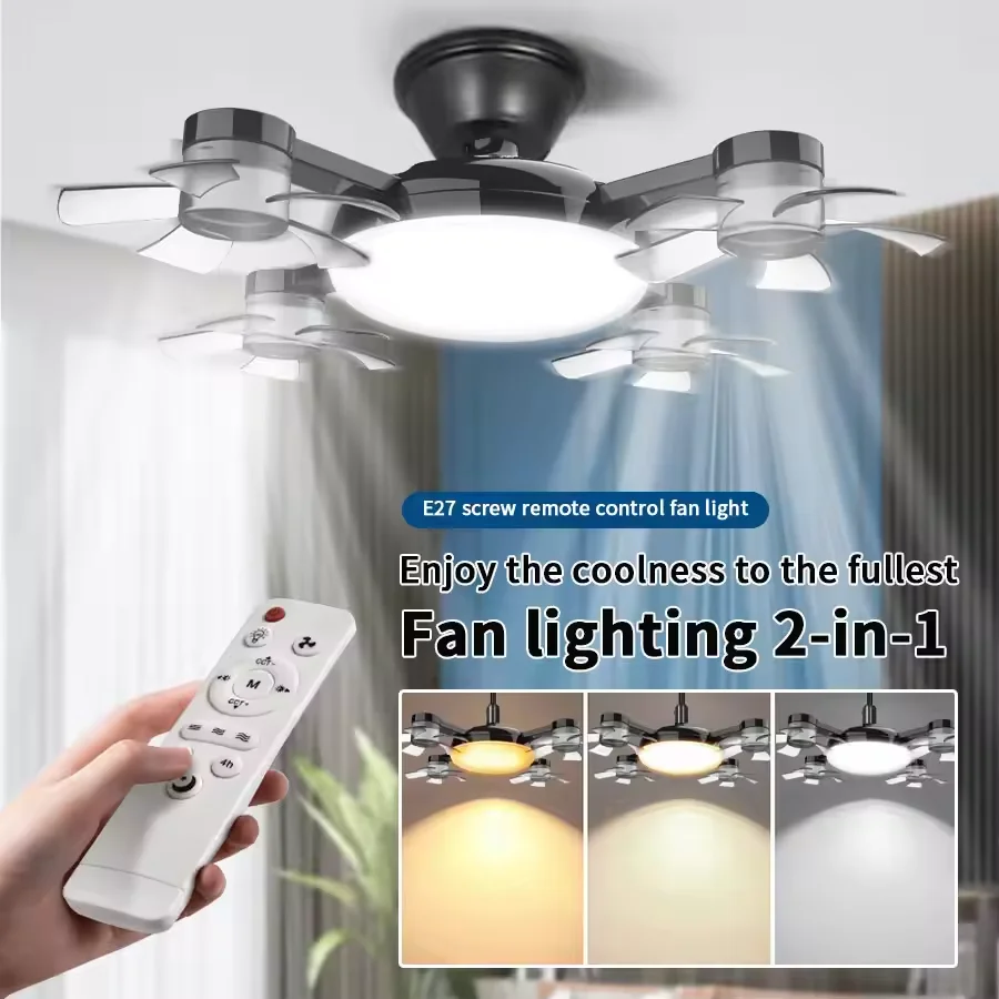 

Intelligent Ceiling Light Electric Fan with LED Light Remote Control E27 Screw 3 Gears Dimming Drone Fan for Bedroom Living Room