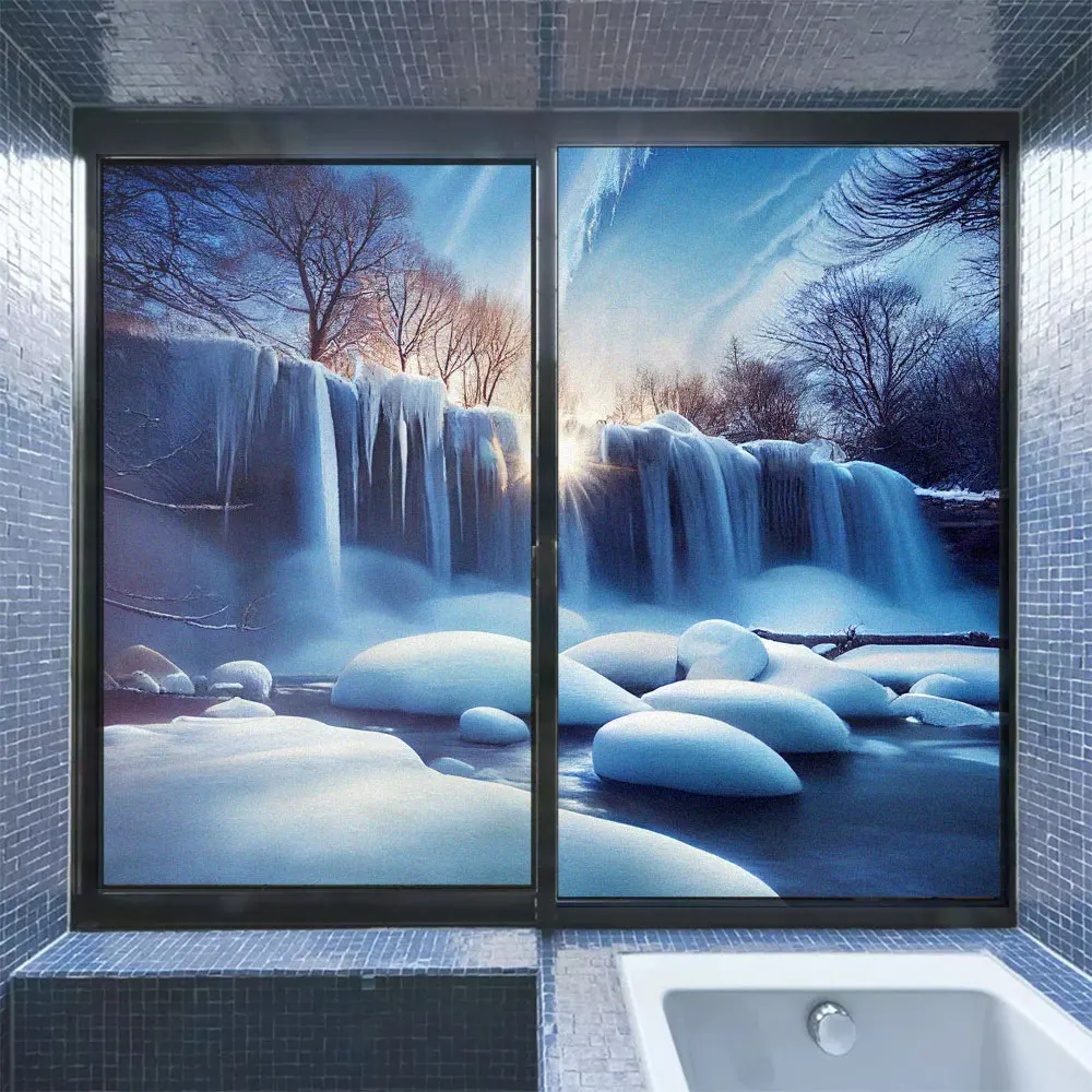 

Privacy Window Film Snow Scenery Pattern Frosted PVC Anti-UV Protection Static Cling Glass Stickers for Home Bathroom Door Film