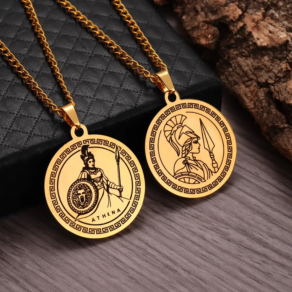 Gothic Stainless Steel Ancient Greek Goddess Athena Round Pendant Necklace for Men Women Hip Hop Vintage Necklaces Jewelry