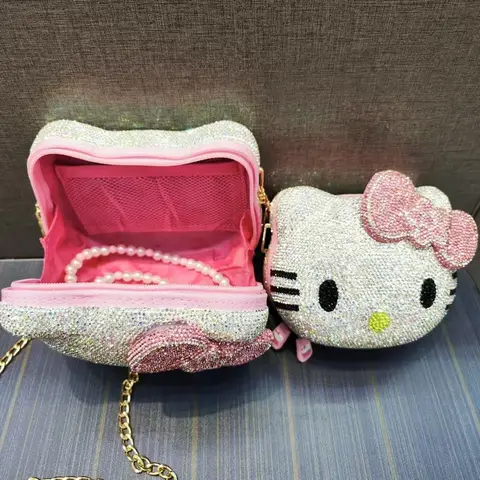 Sanrio Cute Cartoon Hello Kitty Diamond Bag Fashion Messenger Bag Handmade Diamond Inlaid Handbag Decor Storage Bag Girl Gifts