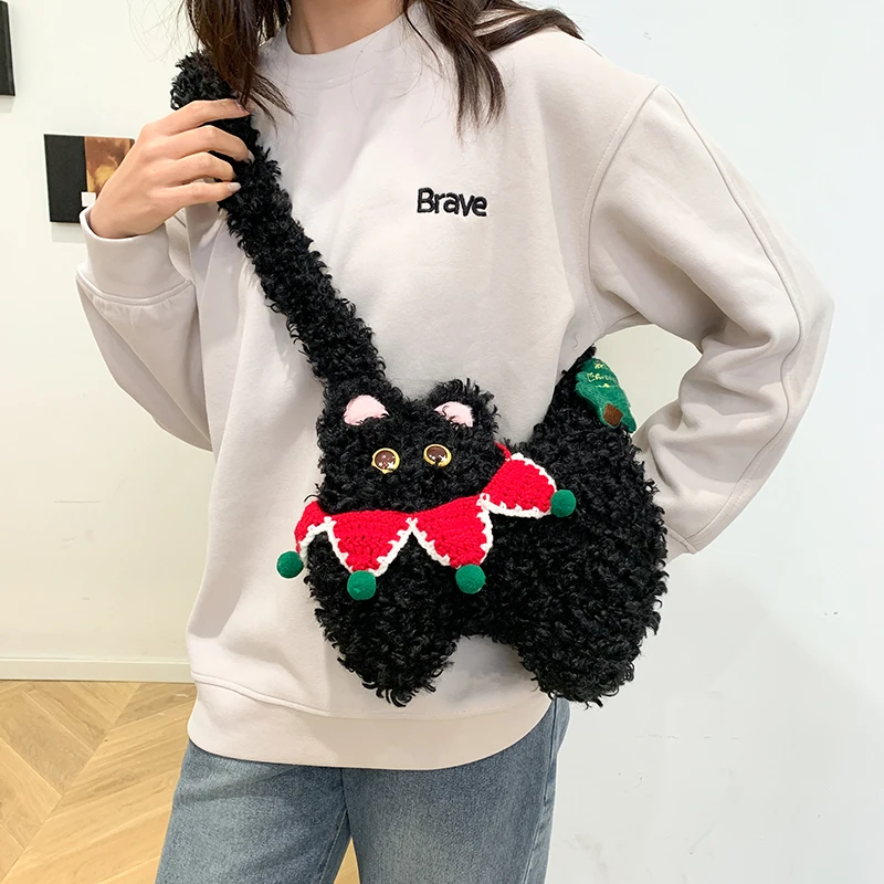 Cute Cat Handbag Fashion Casual Cartoon Plush Shoulder Bag For Women 2025 Japanese Style Kawaii Crossbody Bag Small Phone Purse