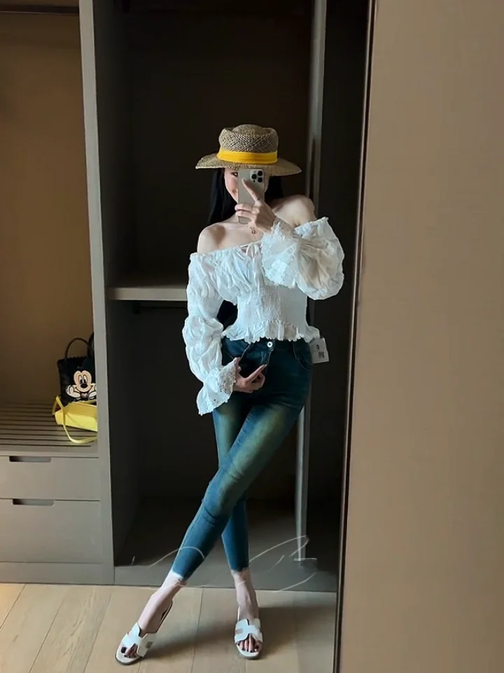 

High Waist Versatile Blue Jeans Women's Slimming Skinny Pants Korean Sle Spring Faion High Elastici Button Closure