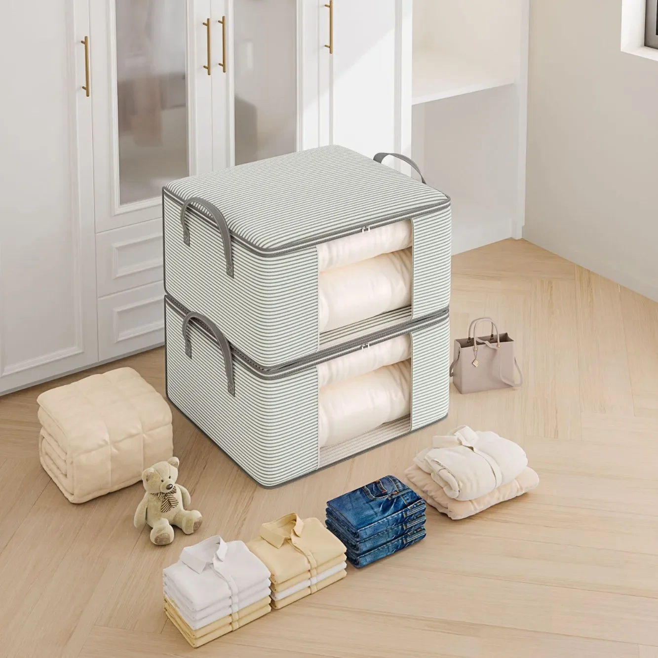 Large Capacity Stripe Zipper Style Storage Bag Moving Box Quilt Packing Cotton Clothes Home Storage Organizer Non-Woven Fabric