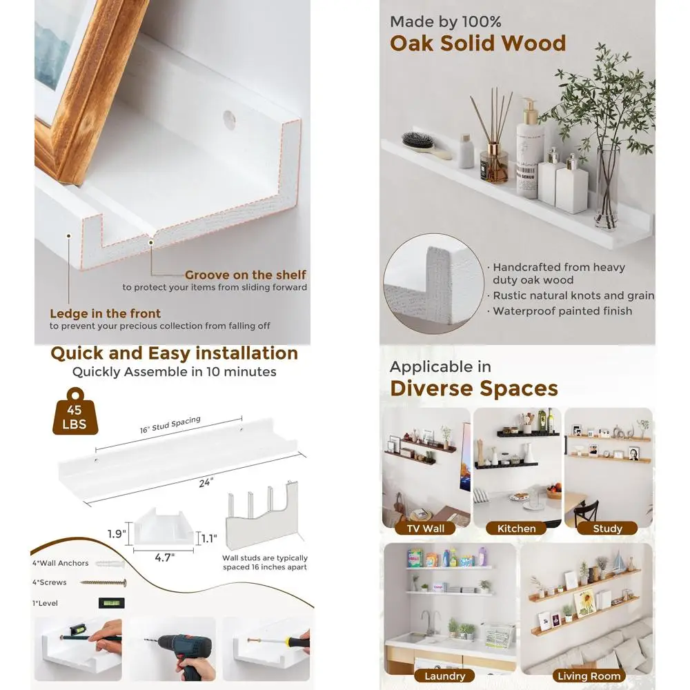 

Pair of 24 Solid Oak Wall Shelves with Lip, White, Ideal for Home Decor and Storage