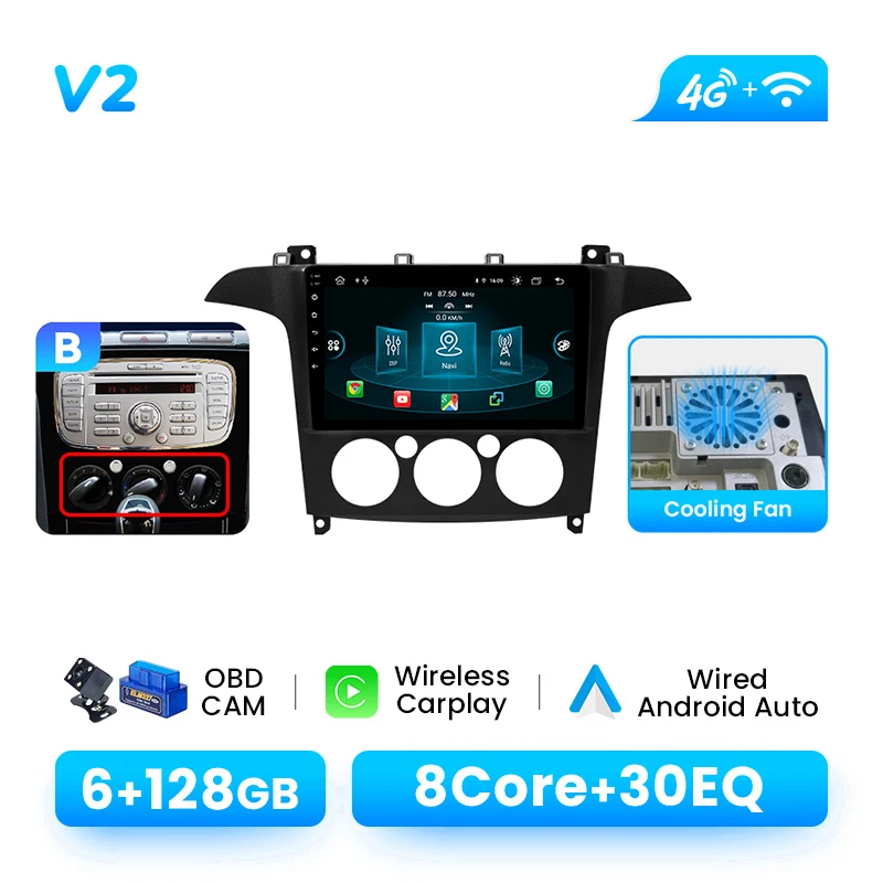 Voor Ford S-Max 2007-2015 9 Inch Android14 Autoradio 8-Core 1280*720 IPS AI Voice Draadloos CarPlay Android Auto DSP 4G WiFi GPS Multimedia Speler