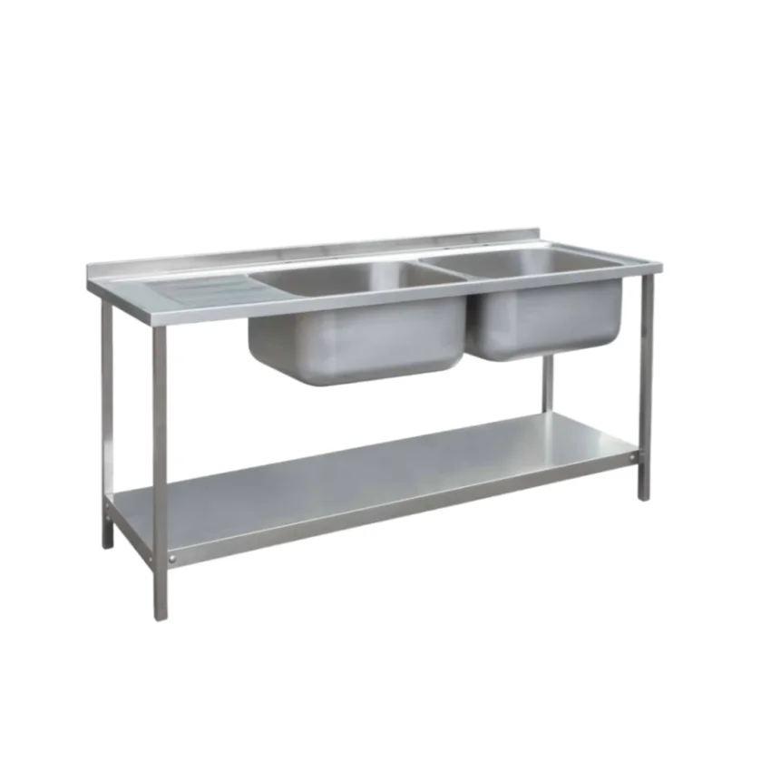 Commercial Restaurant Kitchen Sink Double Sink Stainless Steel Dishwasher Platform Wooden