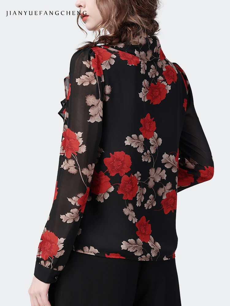 Vintage Black Floral Printed Women\' Long Sleeve Chiffon Blouse Ruffles Top Loose Plus Size 2023 Spring Summer Casual Work Shirts