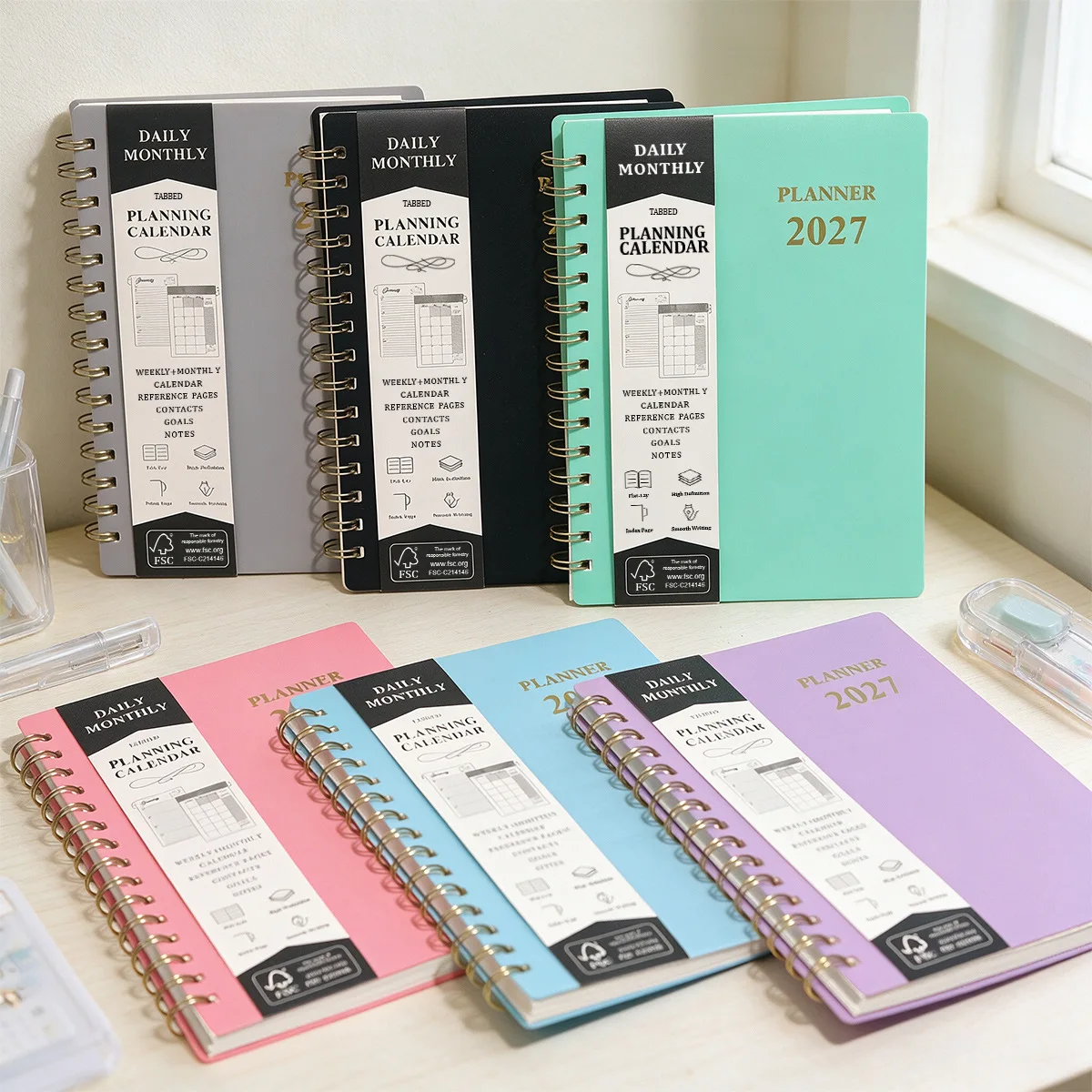 2027 PP Cover Planner A5 Spiral Weekly Monthly Notebook With Month Index Tabs Agenda Schedule Organizer Office School Stationery