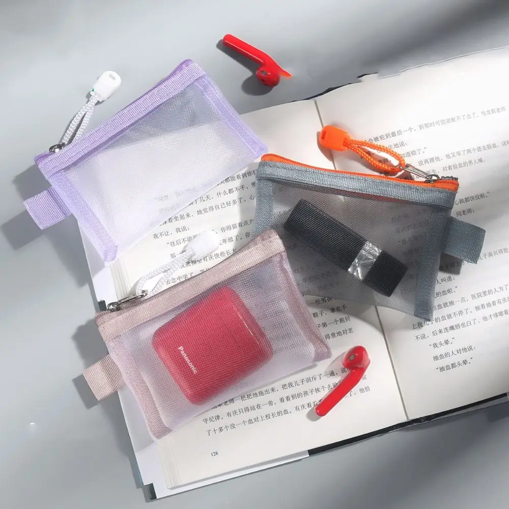 Change Storage Bag Mesh Zipper Bag Cosmetic Bag Card Bag Clear Mesh Bag Solid Color Data Cable Storage Bag Mini Coin Purse