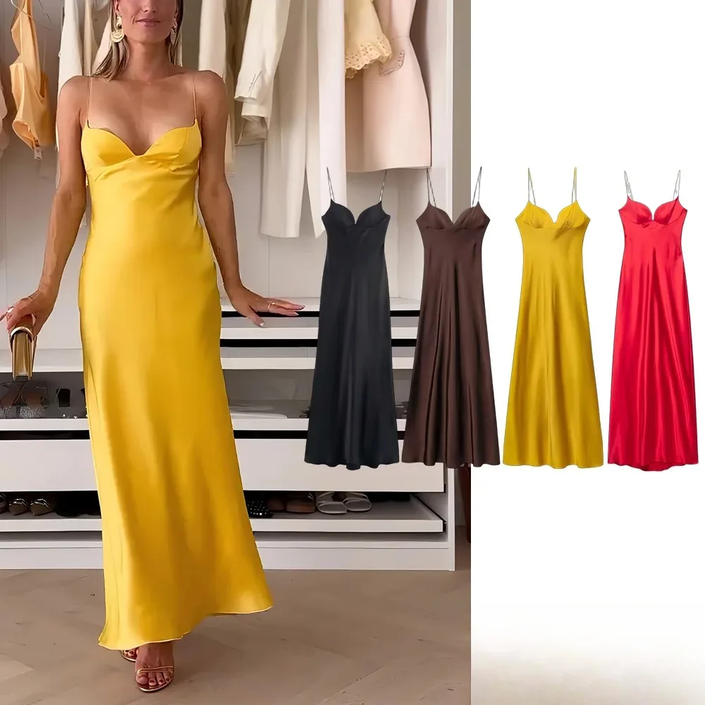 KONDALA シックなイエローサテンワンピース Vネック コルセット ロングドレス レディース セクシー キャミ パーティードレス ファッション 2025 イブニングクラブドレス