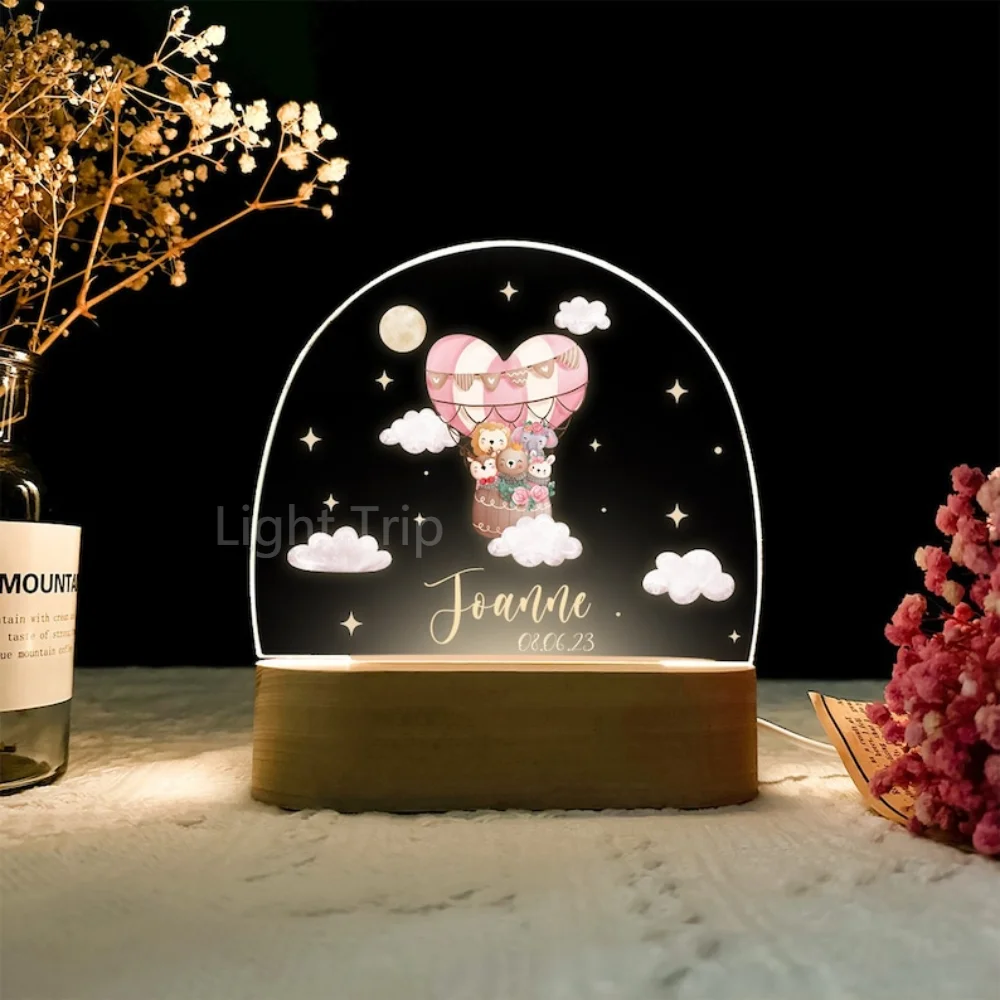 Personalized Baby Birth Night Light Custom Name Animal Fox bear Giraffe with USB Wood Base Lamp for Bedroom Table Rainbow Decor