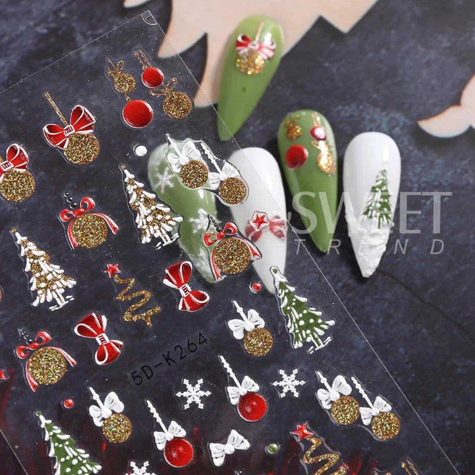 Christmas Nail Sticker 5D Gold Glitter Snowflake Elk Penguin Bells Design Adhesive Nail Slider Decals Winter Manicure Decoration