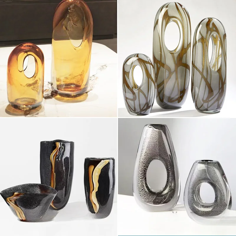 

Light luxury minimalist modern glass vase floral set, a variety of innovative hollow ornaments, sales office decoration