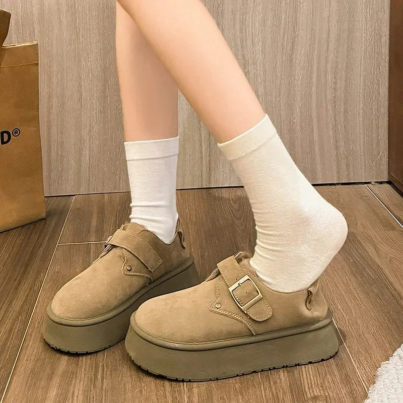 

Women's Thick-soled Shallow-cut Snow Boots Plush Lining Round Head Sleeve Platform Shoes Suede Keep Warm Buckle Shoes for Women