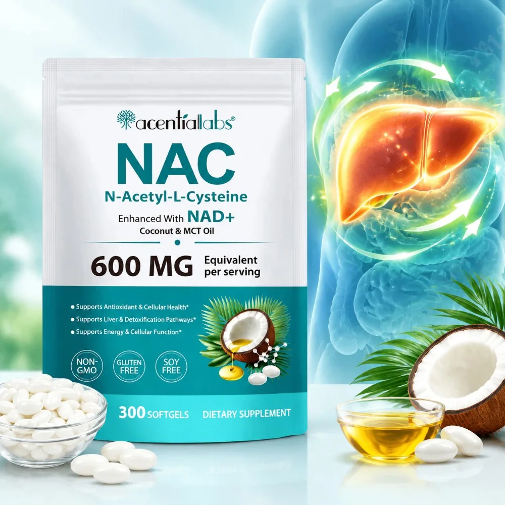NAC N-Acetyl-L-Cysteine 600mg Softgels support liver detox & metabolism, antioxidant, Activity  with NAD+ Coconut MCT Oil 300 Ct