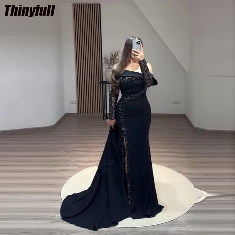 Thinyfull Mermaid Evening Party Dresses Off Shoulder Appliques Long Sleeves Prom Dress Satin Split 2024 Formal Occasion Dress