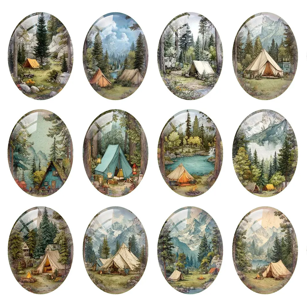 Random Mixed Round/Oval/Square Mountain Camping Landscape Photo Glass Cabochon Flatback Demo Cameo For Diy Jewelry Making