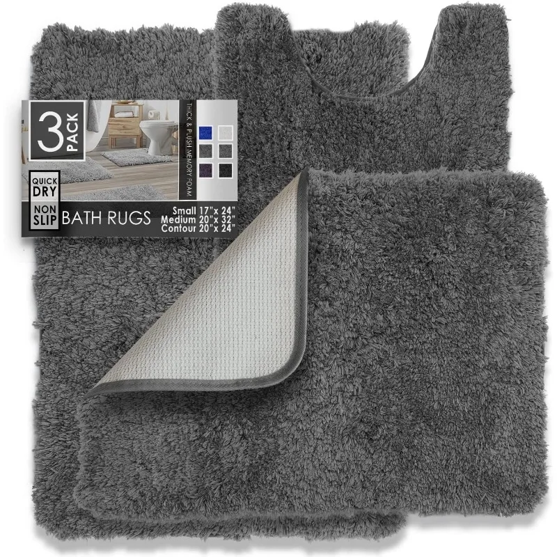 Bathroom Rugs Sets 3 Piece, Shaggy Plush Bath Mat - Non-Slip, Machine Washable Bath Rugs - Dries Quickly, Ultra Soft