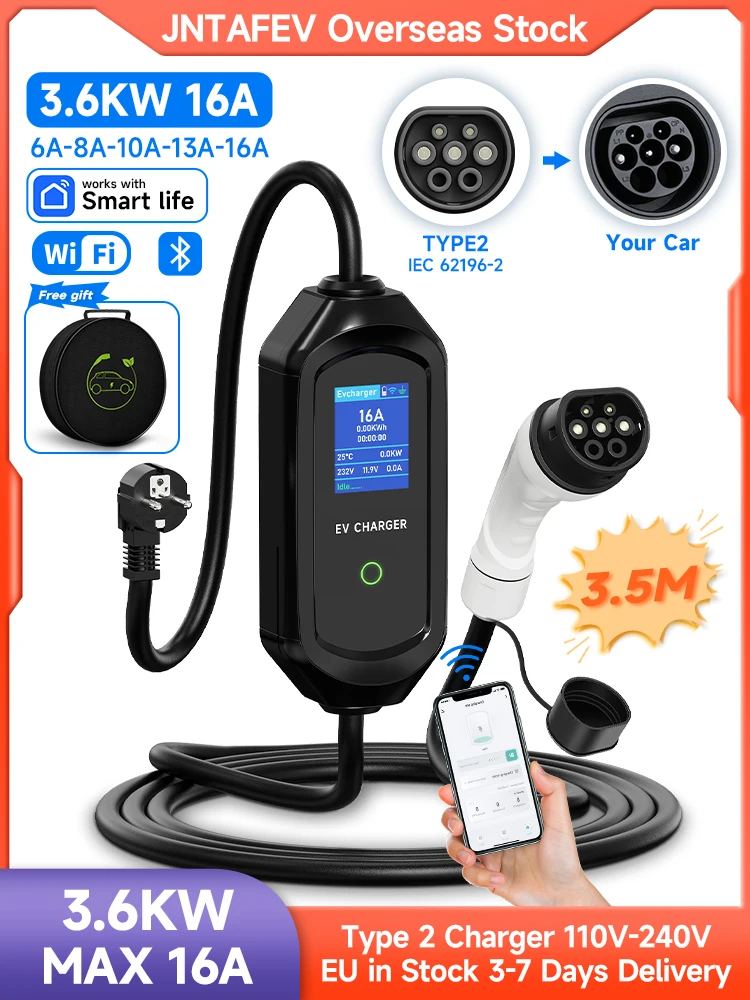 JNTAFEV Typ2 Elektroauto-Ladegerät 3,6KW 16A Tragbares Ladegerät EV-Ladestation Wallbox WiFi APP Bluetooth-Steuerung 110-240V
