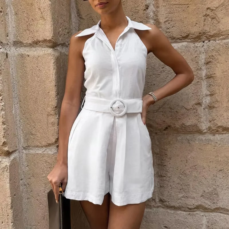 Fashion Lapel Single breasted Short Jumpsuit Women Elegant Commute Solid Color Romper Casual Sleeveless Pocket Loose Playsuits