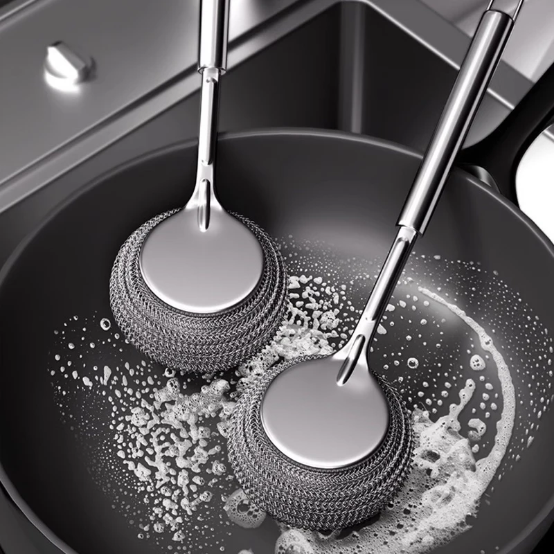 Long Handle Stainless Steel Pot Brush Steel Wool Ball Scrubber Heavy Duty Dish Pan Washing Tool for Kitchen Cleaning