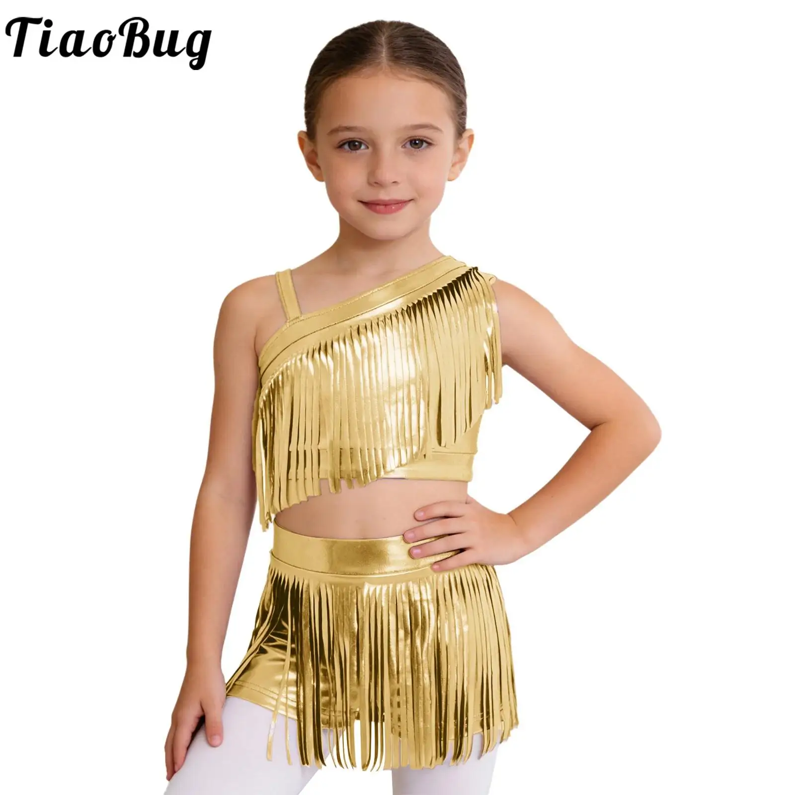 Kids Girls Disco Jazz Dance Costume Metallic Shiny Tassels Crop Tops with Shorts Ballroom Cha-cha Tango Samba Modern Dancewear