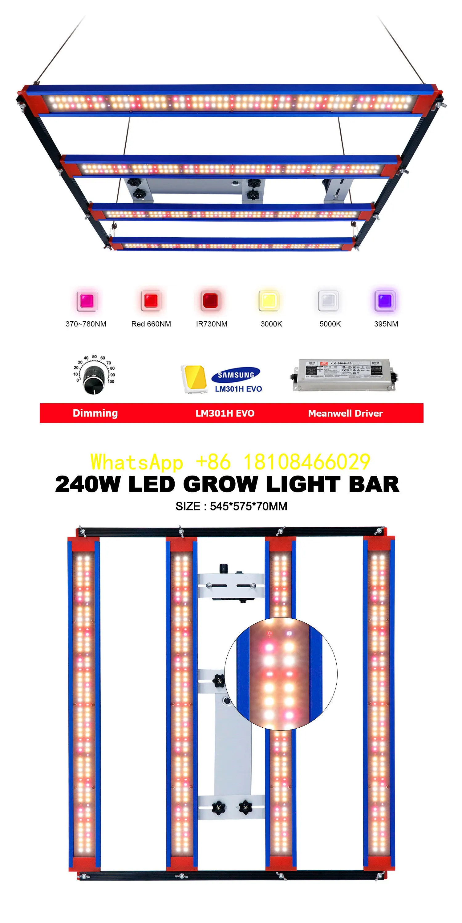 

t Grow Light for Hydroponic Gardening Indoor Plants240W LED Plant Grow Light LM301H EVO 3000K 5000K Dimmable LED Plan
