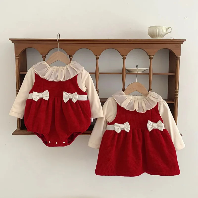 Newyear Winter Infant Baby Girl 2PC Clothes Set Cotton Velvet Thick Long Sleeve Top Knotbow Corduroy Romper Princess Dress Suit