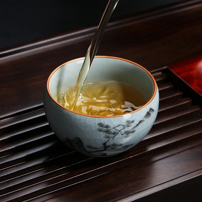 Tea Cup Ceramic Tasting Cup Hand-painted Ru Kiln Crackle Glaze Nurturing Pu'er Kung Fu Single Cup Retro Master Cup with PrintLOG
