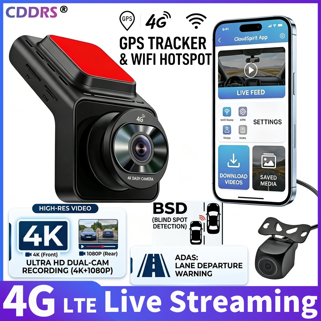 Kamera samochodowa 4G UHD 4K 2160P+1080P z podwójną kamerą, ADAS, BSD, WiFi, GPS, zdalnym podglądem na żywo, nagrywaniem w pętli i 24-godzinnym monitoringiem parkowania.
