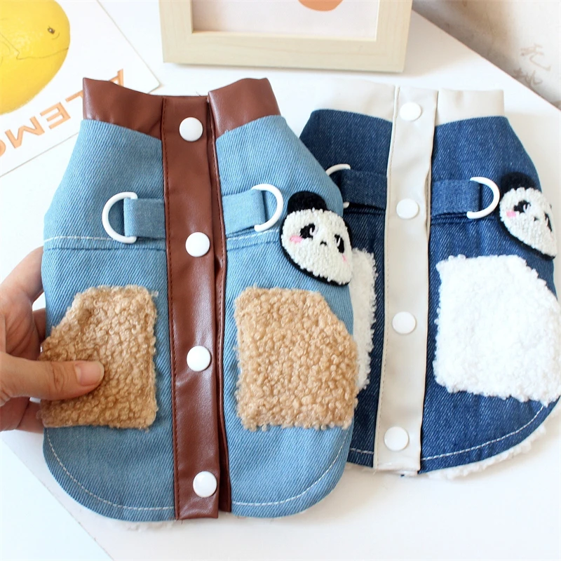 Warm Velvet Winter Pet Dog Jacket Designer Denim Panda Patchwork Chihuahua Cat Overalls Outdoor Windproof York Dog Clothing