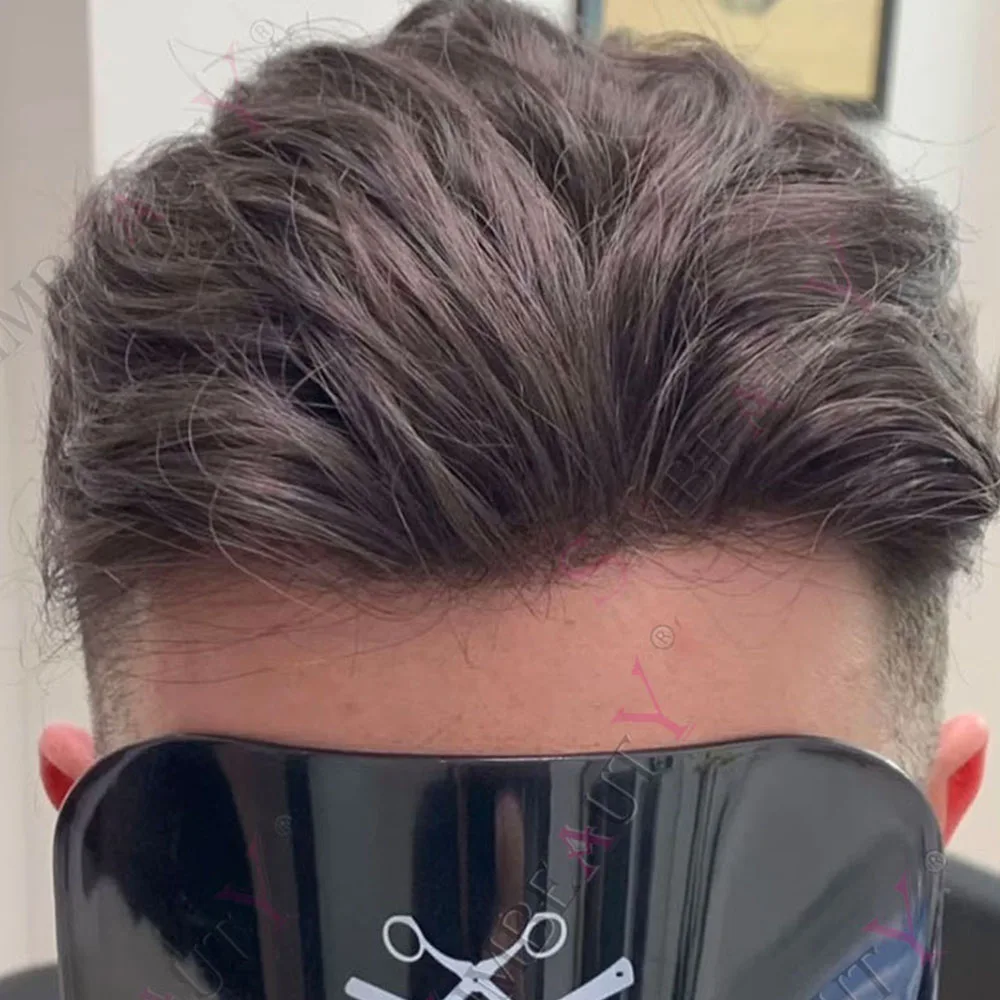 

Dark Brown Grey Man Human Hair Wig Undetectable Long Last Thin PU Base 1B50 Men Toupee Natural Hairline Poly Skin Male Hairpiece