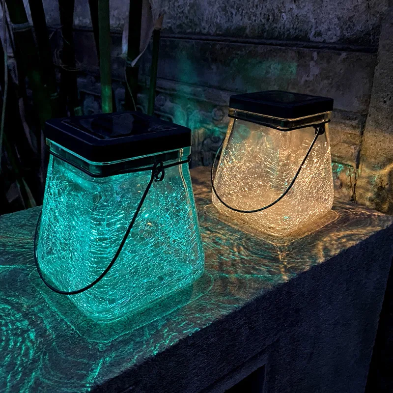 Creative New LED Solar Square Glass Crack Hanging Lamp for Outdoor Courtyard Garden Decoration Atmosphere Lighting