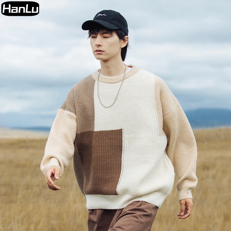 Men\'s Autumn and Winter New Thick Needle Sweater Knitted Men\'s Color Block Splicing Design Round Neck Knitted Pullover