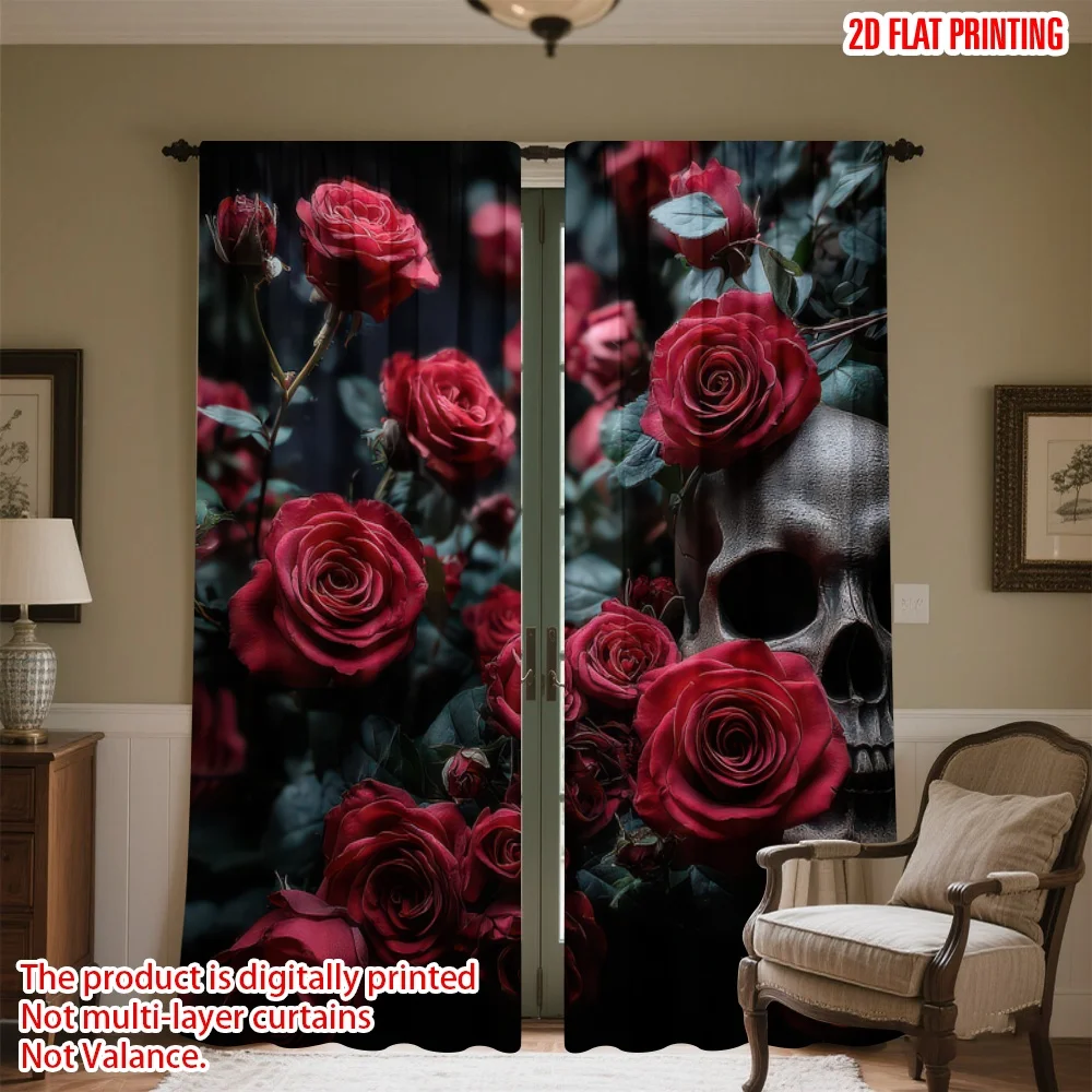 

2D flat printing 2pcs Curtains Halloween Roses and Skull Digital Printed Polyester Drapes Seasonal Party & Holiday Decor Use for