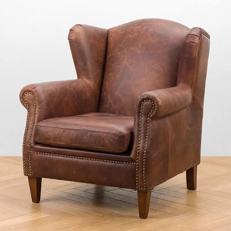 American-style tiger chair leisure single sofa chair, vintage study and living room cigar bar oil wax leather chair