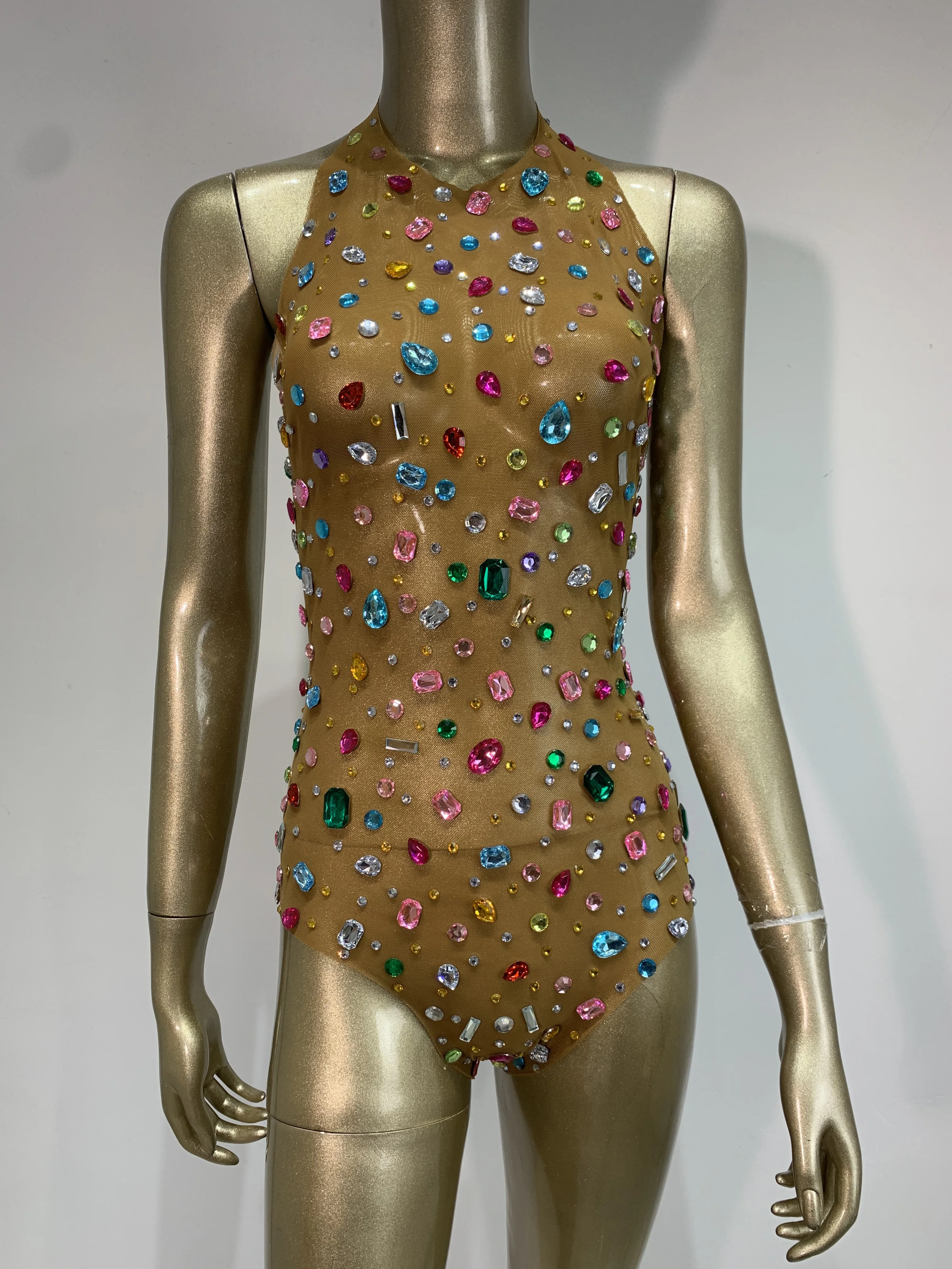 Sparkly Rhinestones Mesh See Through Bodysuit Women Sexy Backless Sleeveless Performance Dance Stage Costume Nightclub Outfit