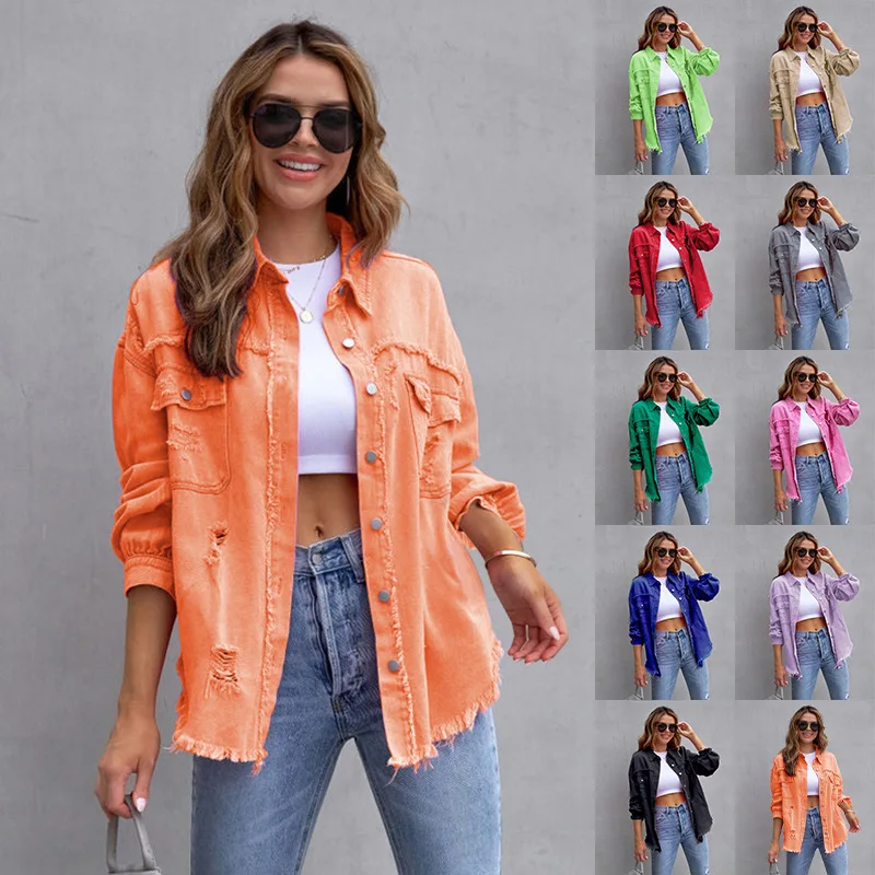 

2023 New Autumn/Winter Cardigan Solid Color Single breasted Washable Casual Denim Polo Collar Shirt Coat for Women