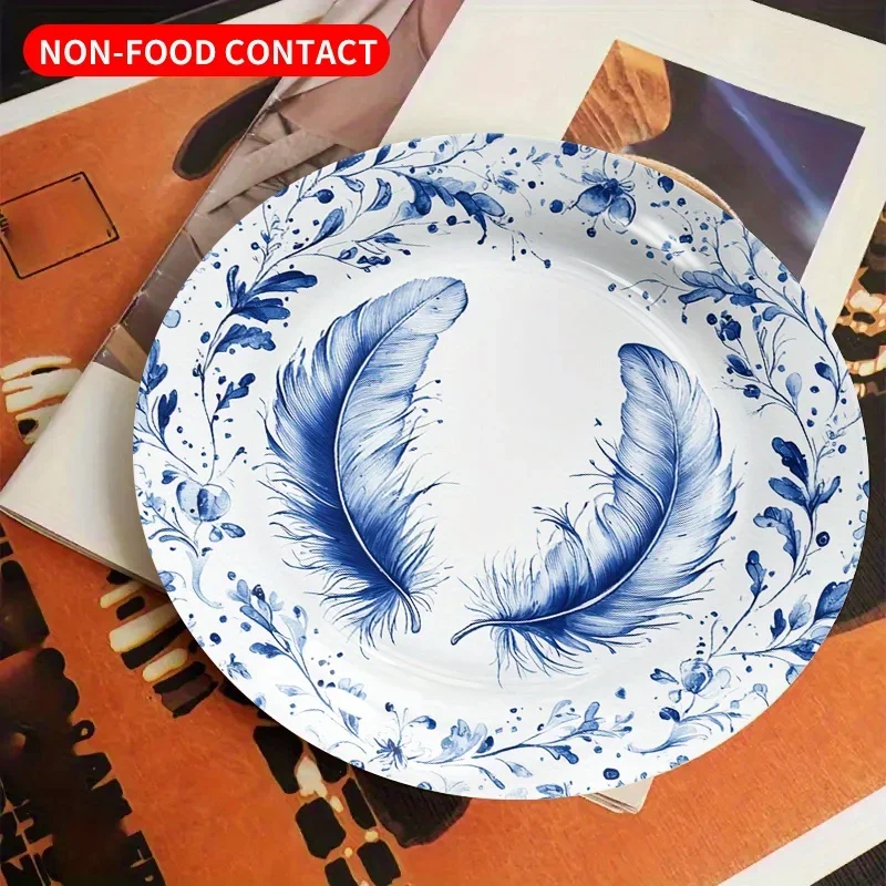 1pc Handmade Blue & White Feather & Swan-like Ceramic Wall Plate - Round Non-Food Contact Decorative Serving Tray, Jewelry